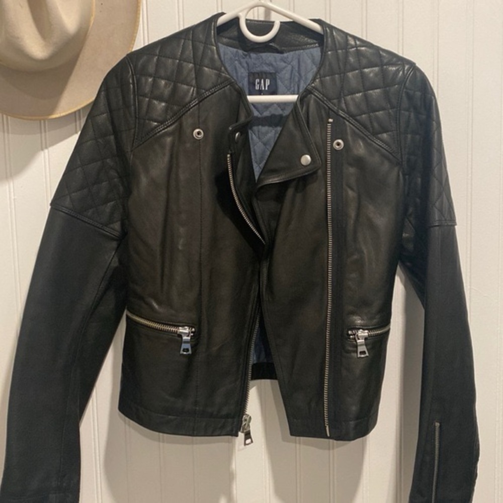 GAP genuine, leather Quilted biker bomber Jacket - Picture 14 of 15